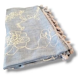Bruges Blue Chambray Floral Embroidered Pompom Fringe Shawl